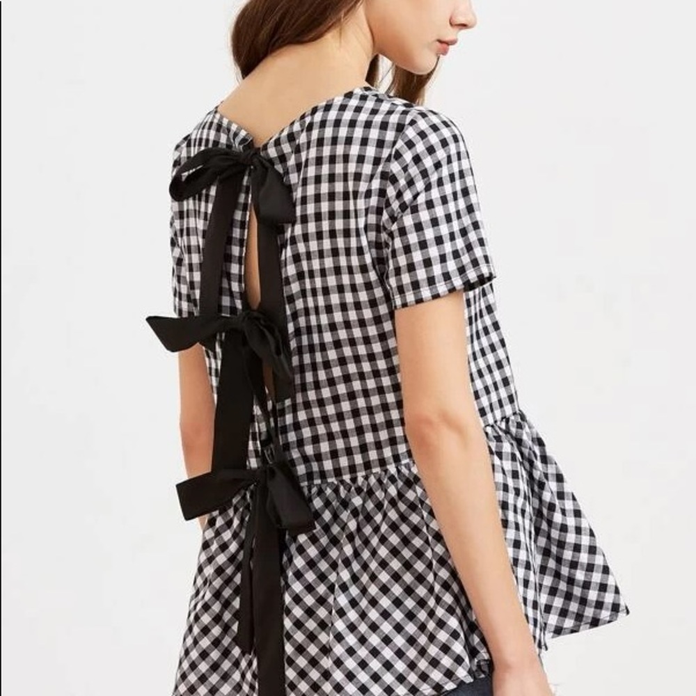 Black & White checkered peplum top with 3 bow tie